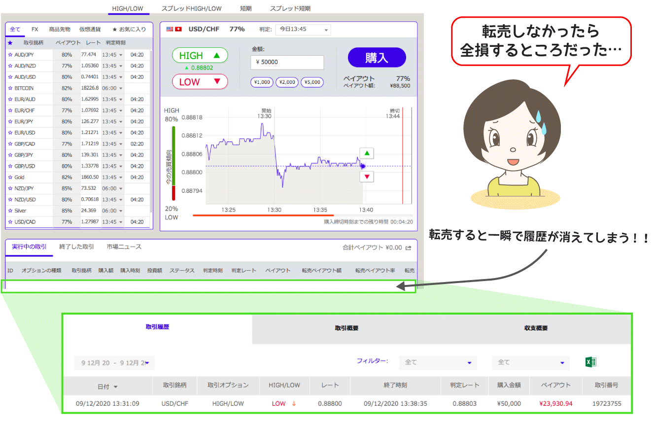 取引後の取引画面